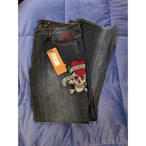 Ed Hardy Womens Bootcut Jeans Rhinestone Love Kills Slowly Skull NWT Plus SZ 20